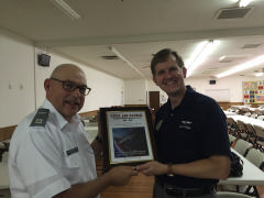 Captain Gene Merklein (left), presents the AEX award to Major Jeff Focke on the (right) at the VFW in South Piedmont.