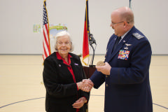 Col David Crawford presents CAP’s Congressional Gold Medal to Mrs. Patricia Whinnery Barber on Jan. 7, 2015. 