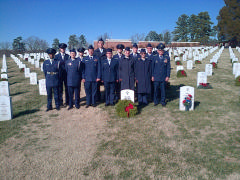 CAP cadets from the Orange County Composite Squadron (MER-NC-150) and cadets from the Iredell Composite Squadron (MER-NC-162) team up at the Wreaths Across America ceremony at the Salisbury National Cemetery on Dec. 13, 2014.