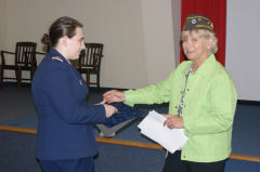 C/Lt Col Rachael Bailey receives her award from VFW Commander Sue Lamm-Gurley